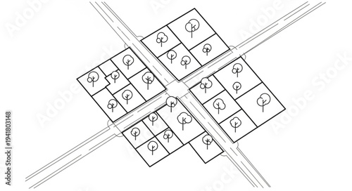 Urban Planning Sketch - Residential Blocks with Trees and Roads.