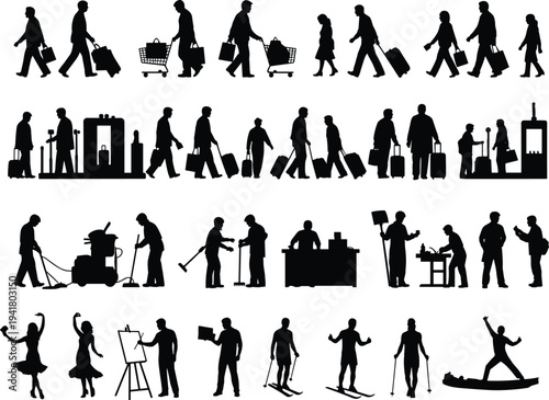 People activity silhouettes collection, travelers workers artists and athletes performing various tasks, lifestyle and occupation figures isolated on white background