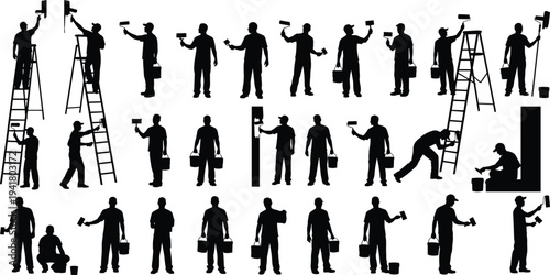 Painter worker silhouettes collection, professional house painters with rollers ladders and paint buckets, construction renovation workers isolated on white background