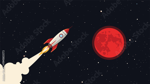 Retro style illustration of a rocket ship flying through space toward a large red planet among twinkling stars.