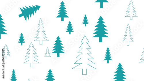 Minimalist pattern of various sized teal pine tree silhouettes scattered over a plain white background for design.