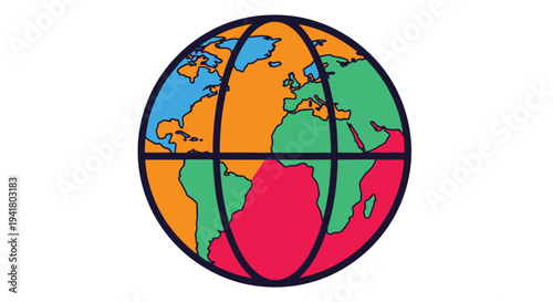 Colorful world globe illustration with distinct continental shapes silhouette