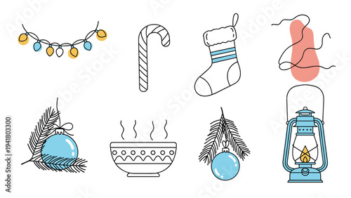 Charming collection of winter holiday icons like candy cane stockings ornaments and a lantern for festive design.