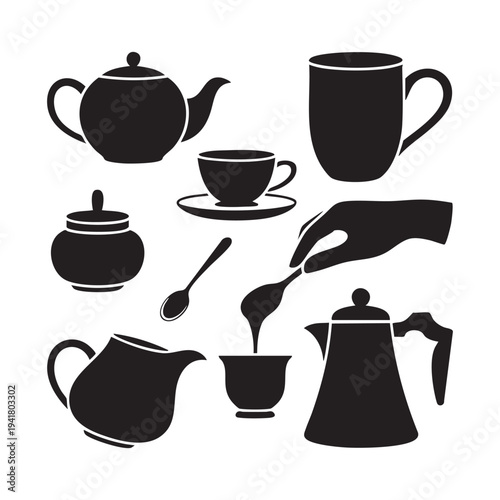 Black and white tea set with teapot, cups, and coffee pot