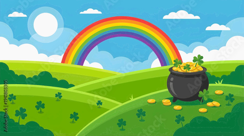 A vibrant rainbow arches over a lush green landscape with a pot of gold coins spilling out in the foreground under a bright blue sky