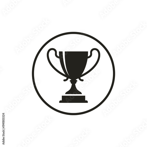 A simple black and white illustration of a trophy within a circular frame