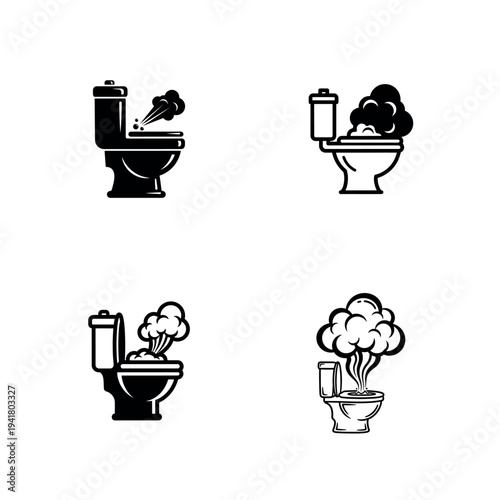 Dirty Toilet Bowl with Bad Smell and Smoke Silhouette Vector Icon Set
