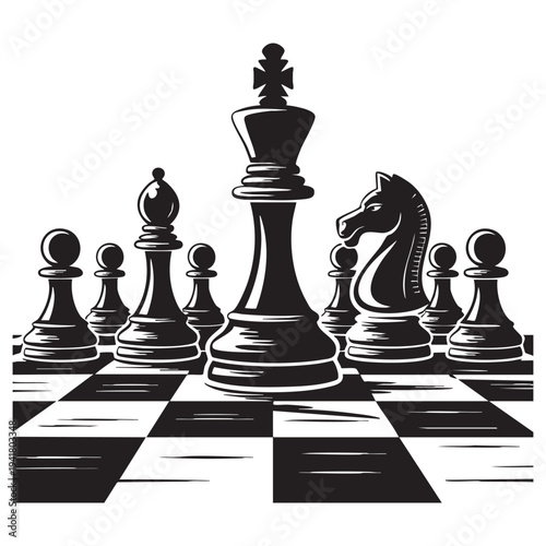 Black chess pieces arranged on a chessboard with a prominent king and knight