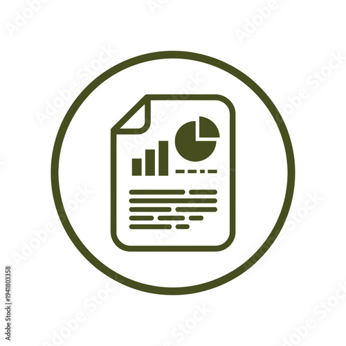 A dark green icon depicting a document with a pie chart and bar graphs