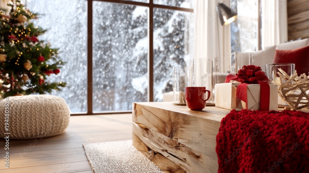 Obraz premium Cozy Christmas Room Interior with Snowy View and Holiday Decorations