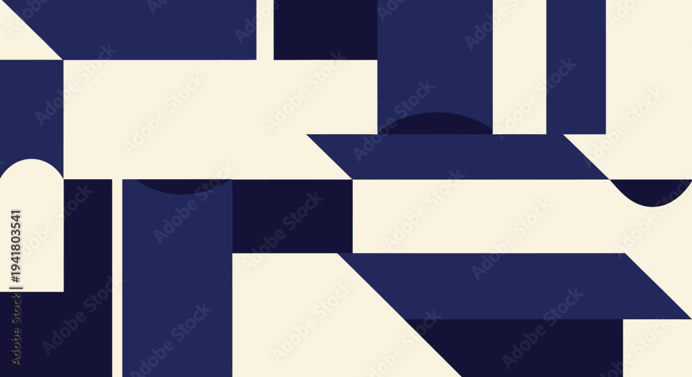 Obraz premium Abstract geometric shapes in navy and cream featuring a dark silhouette
