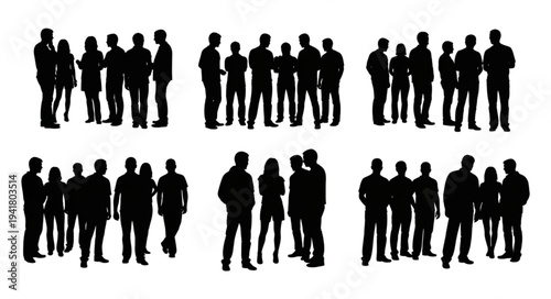 Silhouettes of Diverse Groups of People Standing Together in Various Poses.