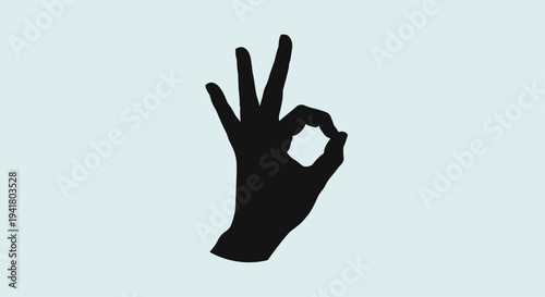 Black hand making ok gesture on light blue background symbolizing approval or agreement in a simple graphic design, Generative AI.