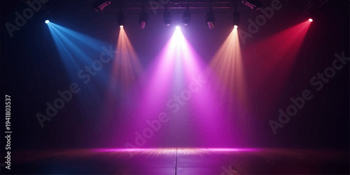 An illuminated blue spotlight casts a bright star design onto a disco club stage during a night concert music event for high-energy theater entertainment