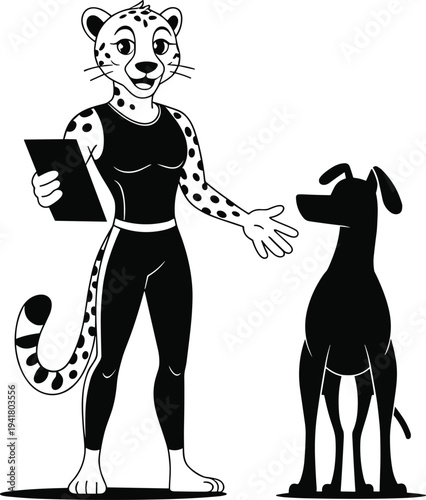Cheetah character holding tablet and greeting dog cartoon black and white