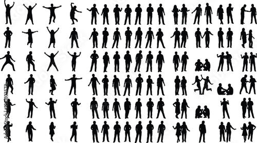 People silhouettes collection, men and women standing interacting poses, social crowd characters set, isolated human figures for community lifestyle design