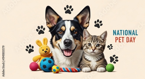Dog and cat with toys and paw prints on beige