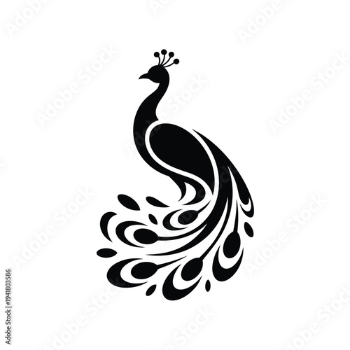Elegant black silhouette of a peacock displaying its ornate plumage