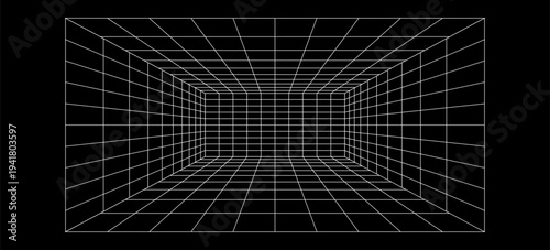 Futuristic perspective grid box. Abstract wireframe with white grid line on black background. Virtual reality landscape in 80s 90s digital style. Vector