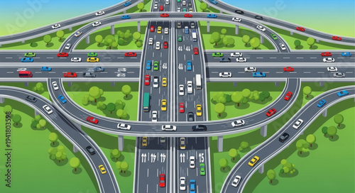 Cartoon Illustration of a Busy Highway Interchange with Traffic.