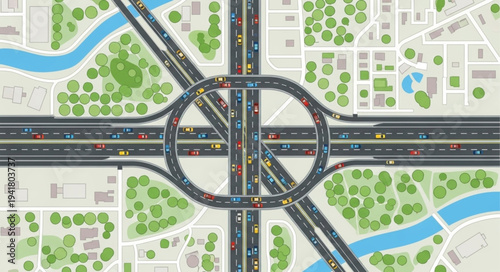 Aerial View of a Complex Highway Interchange with Multiple Lanes.