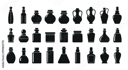 A collection of various black silhouettes of perfume bottles and vases on a white background