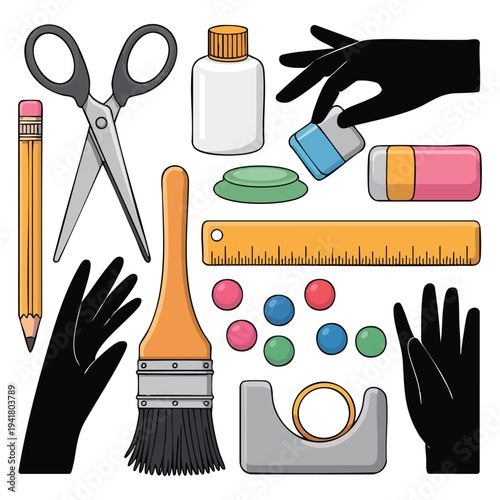 Colorful school supplies and craft with black hands craft black hands scissors pencil