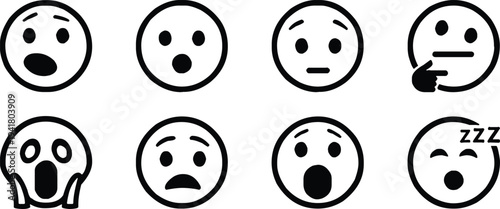 Surprised and shocked emoji face icons for emotion and reaction design. Minimal outline expressions showing fear, confusion, yawning, and thinking moods. Clean vector graphics for messaging apps, chat