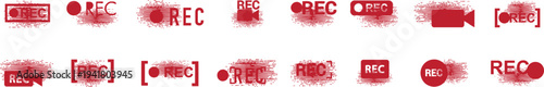 REC recording icons with grunge glitch effect for video capture design. Red record symbols with camera and frame indicators for streaming and filming. Bold vector graphics for media production and UI 
