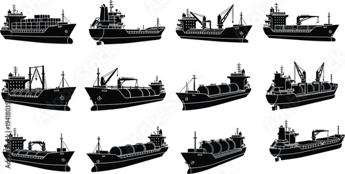 Black silhouette vector illustration set of cargo ships with cranes, containers, tankers, and bulk carriers highlighting 