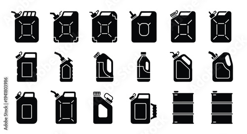 A collection of black and white icons depicting various oil canisters and containers