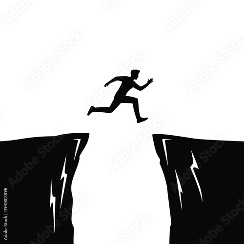 A silhouette of a man running and jumping across a chasm