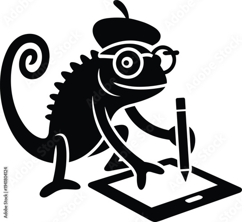 Black chameleon wearing glasses and beret on tablet 1