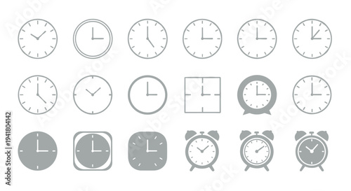 A collection of various clock and alarm clock icons in different styles and shades of gray