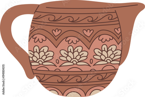 Elegant traditional Asian kettle, teapot, vector vintage oriental porcelain tableware with brown floral pattern drawing