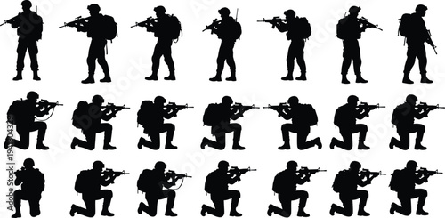 Soldier silhouettes collection, military army soldiers with rifles in combat positions, tactical army forces characters isolated on white background
