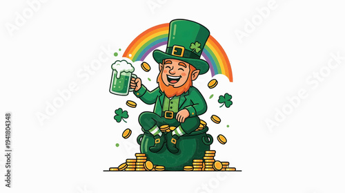 A cheerful leprechaun celebrates with a beer under a vibrant rainbow surrounded by shamrocks and gold coins in a festive atmosphere