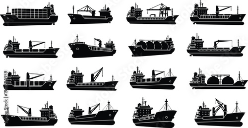 Black silhouette vector illustration set of diverse cargo ships and tankers showcasing maritime transport, logistics, shipping industry, and vessel design variety