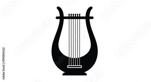 A black silhouette of a lyre a musical instrument with strings and a pearshaped body, Generative AI.