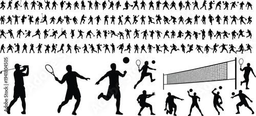 Sports player silhouette collection featuring football, tennis, volleyball, golf, basketball actions, athlete movement poses, active people vector icon set