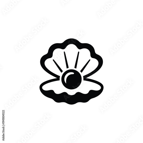 A simple black and white illustration of an open seashell with a pearl