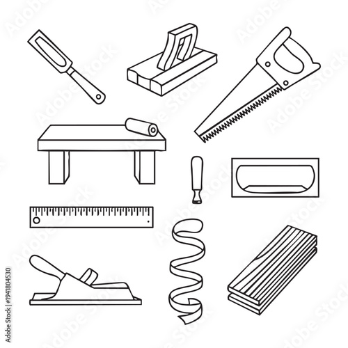 Set of woodworking tools and in black and white line plane ruler mallet