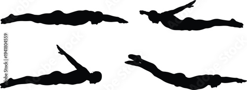 Swimming athlete silhouettes set, swimmer diving and freestyle poses collection, sport shadow figures isolated, aquatic motion outline illustration bundle