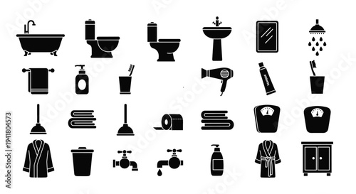A collection of black and white bathroom icons on a clean white background