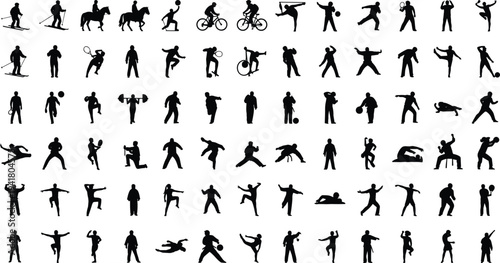 Sports silhouettes collection, athletes performing various activities including cycling tennis basketball skiing and fitness exercises, active people figures isolated on white background