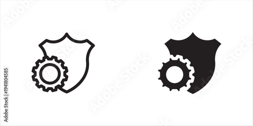 Black single shield with gear line and black icon, simple gear settings protection flat design illustration, infographic, vector pictogram, app logo, web button, UI UX interface element