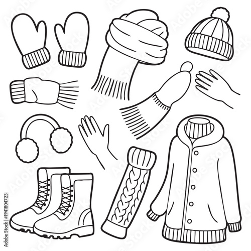 Winter clothing and accessories illustrated in black and white line style gloves mittens