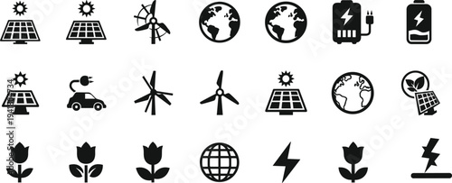Black silhouette vector illustration set of renewable energy icons including solar panels, wind turbines, electric vehicles, batteries, and eco conservation symbols
