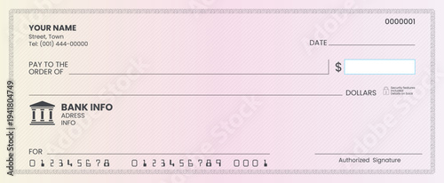 Realistic business cheque mockup featuring security background.