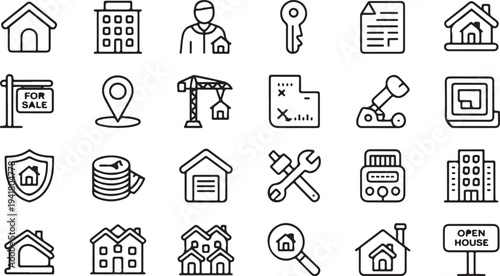 Black and white of houses, buildings, tools, and real estate-related symbols apartment